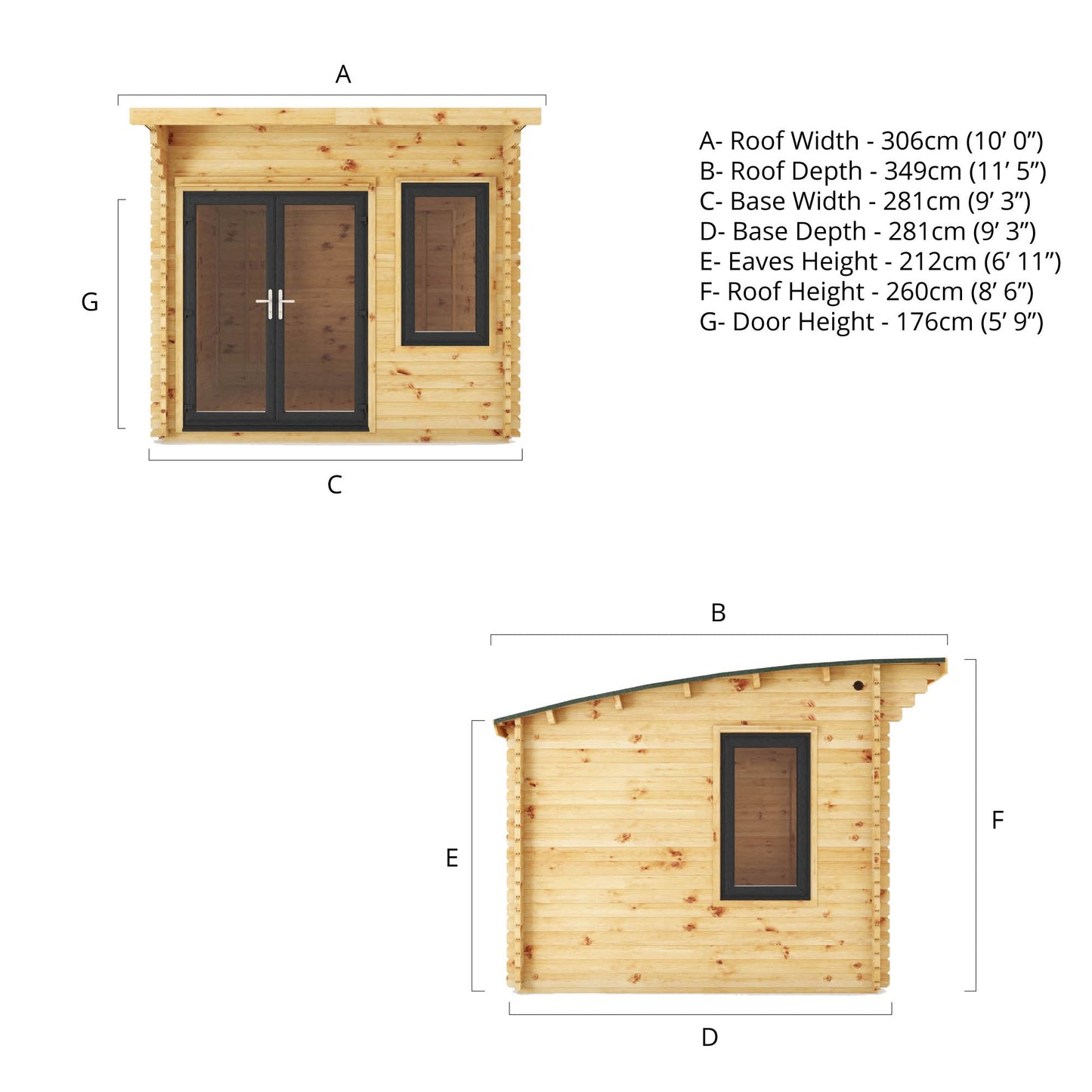 Mercia 3m x 3m Curved Roof Log Cabin - 44mm (UPVC Windows & Door) - Grey