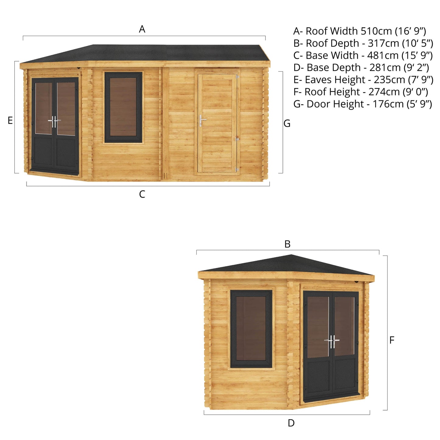 Mercia 5m x 3m Corner Lodge Log Cabin With Side Shed - 44mm (UPVC Windows & Door) - Grey