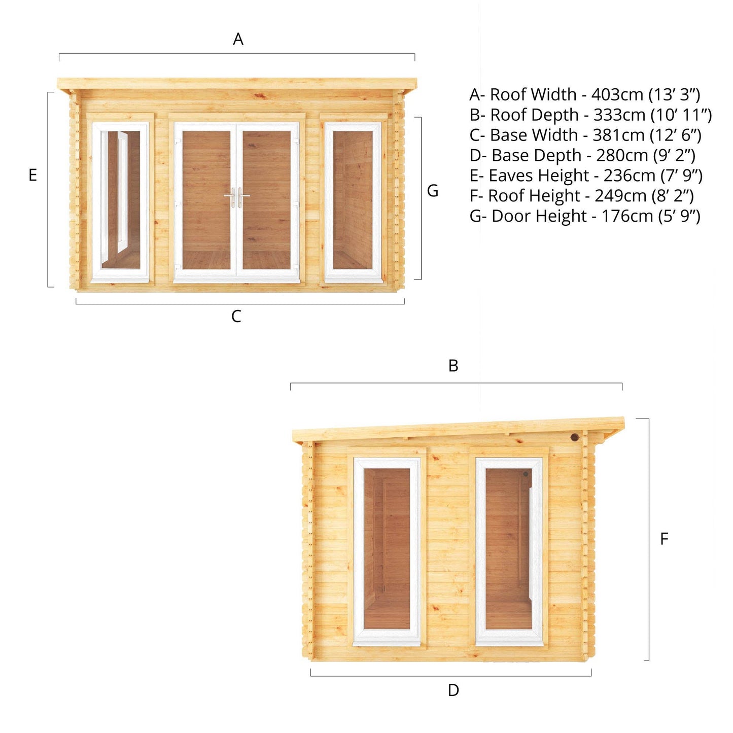 Mercia 4m x 3m Studio Pent Log Cabin - 44mm (UPVC Windows & Door) - White