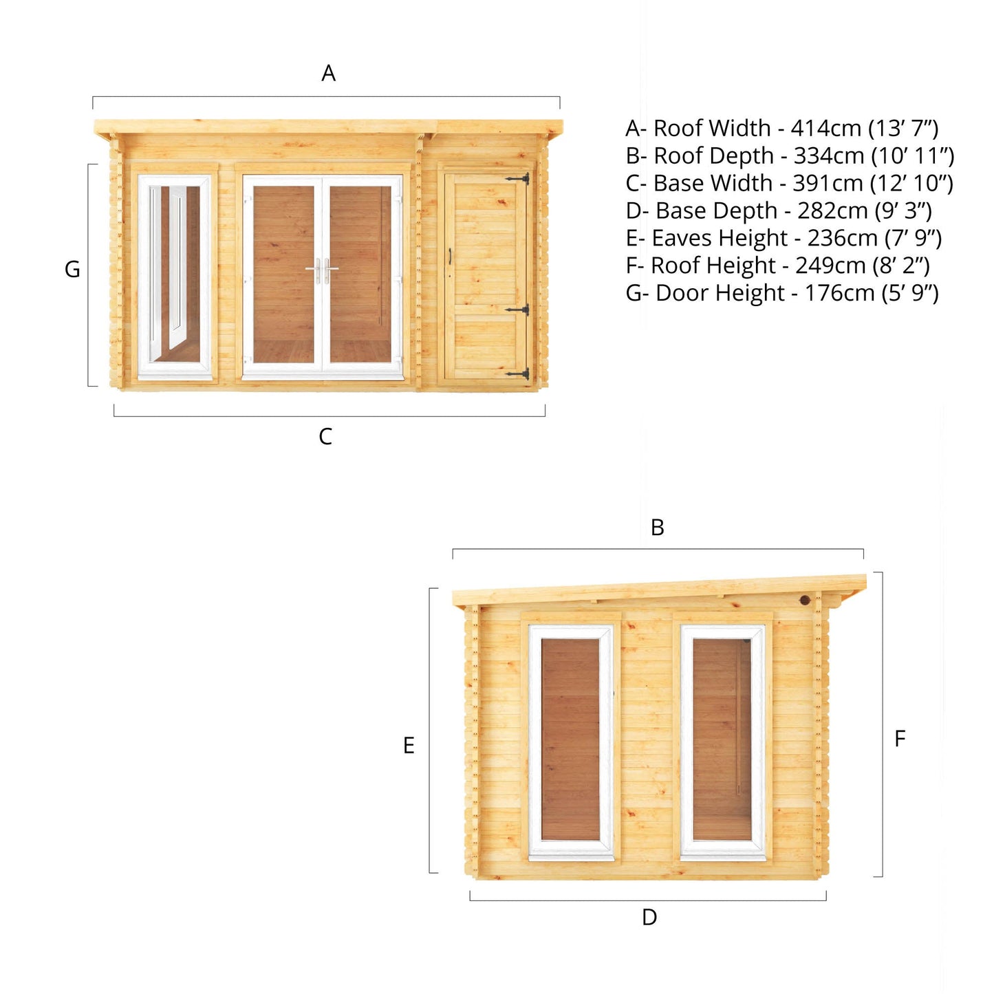 Mercia 4.1m x 3m Studio Pent Log Cabin With Side Shed - 44mm (UPVC Windows & Door) - White