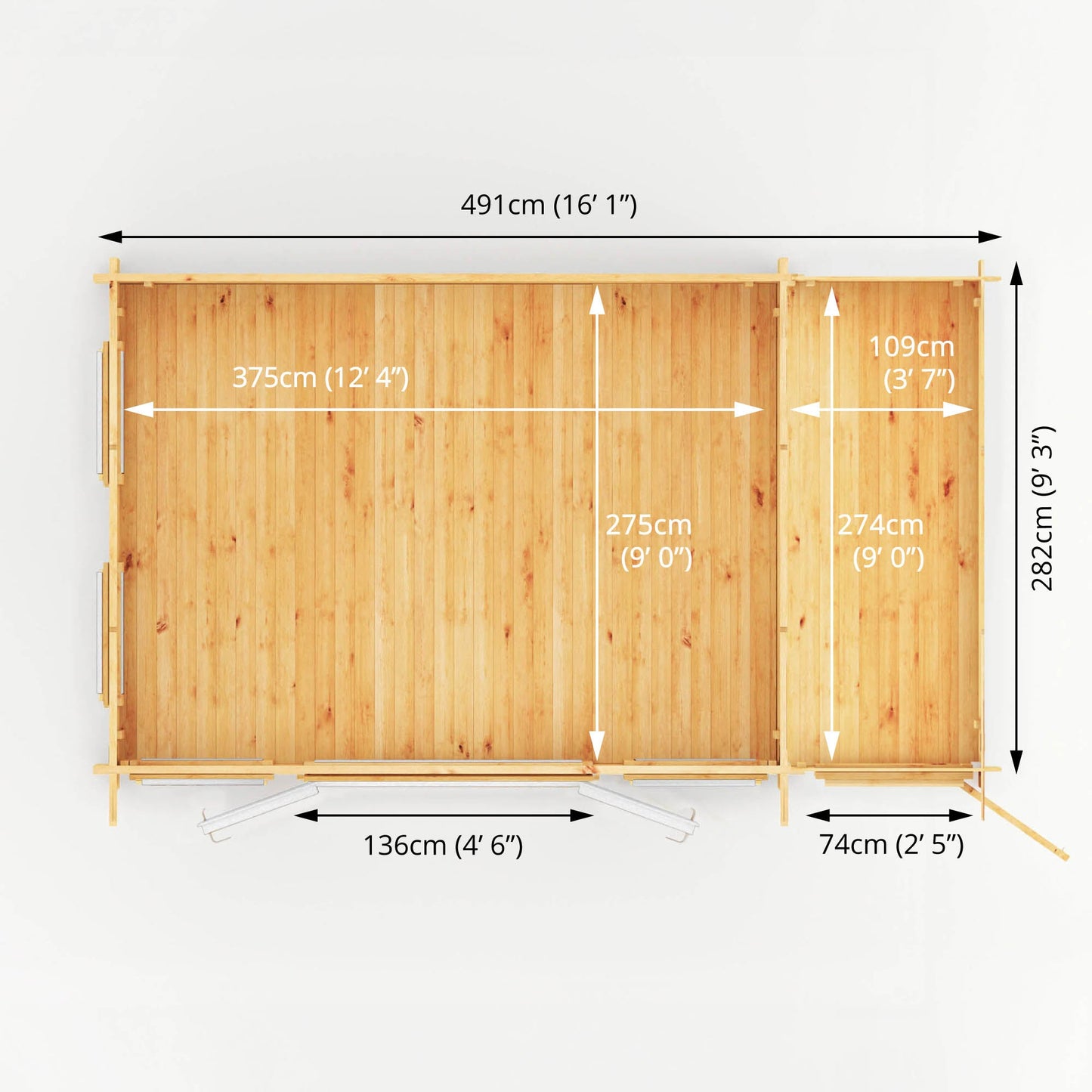 Mercia 5.1m x 3m Studio Pent Log Cabin With Side Shed - 44mm (UPVC Windows & Door) - White