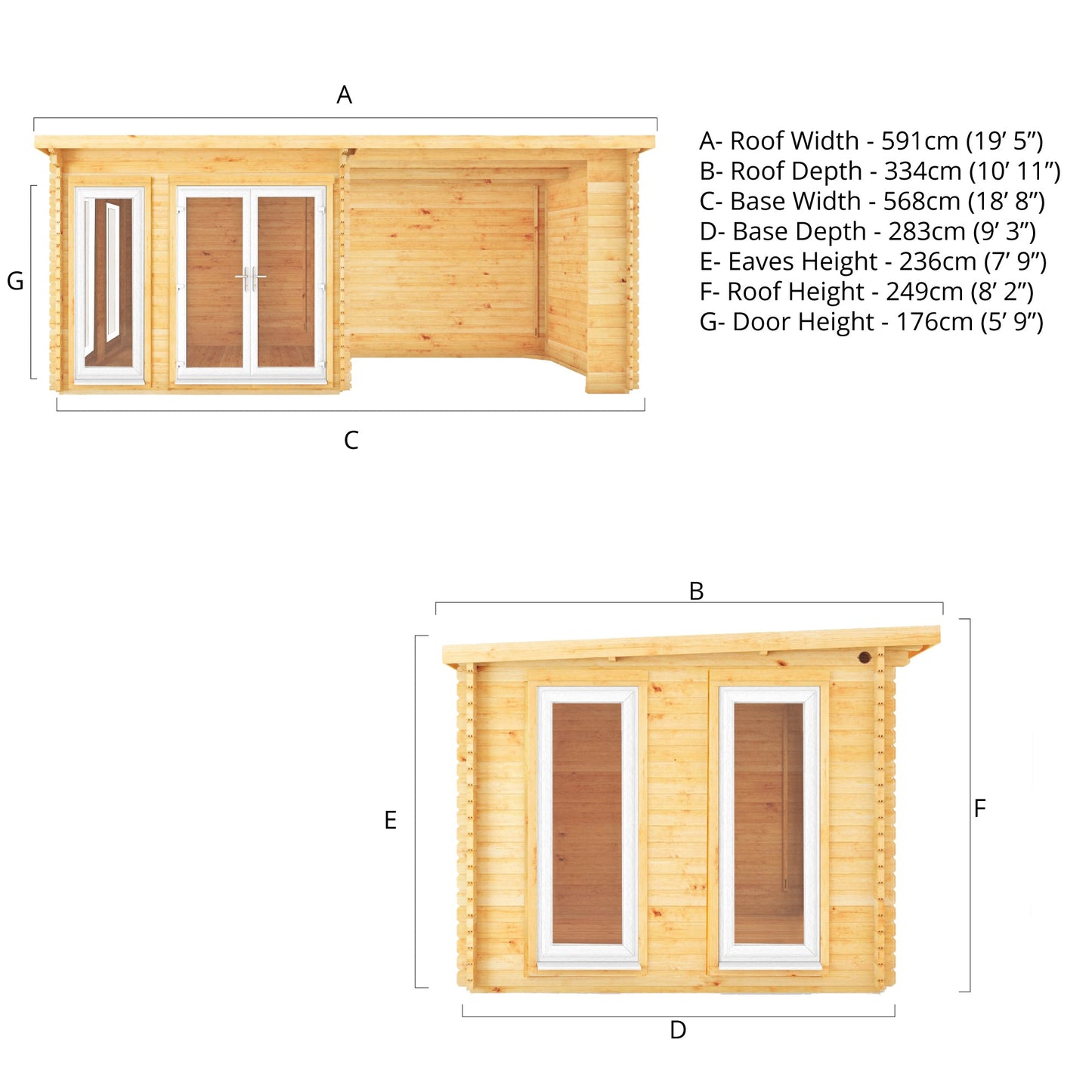 Mercia 6m x 3m Studio Pent Log Cabin With Patio Area - 44mm (UPVC Windows & Door) - White