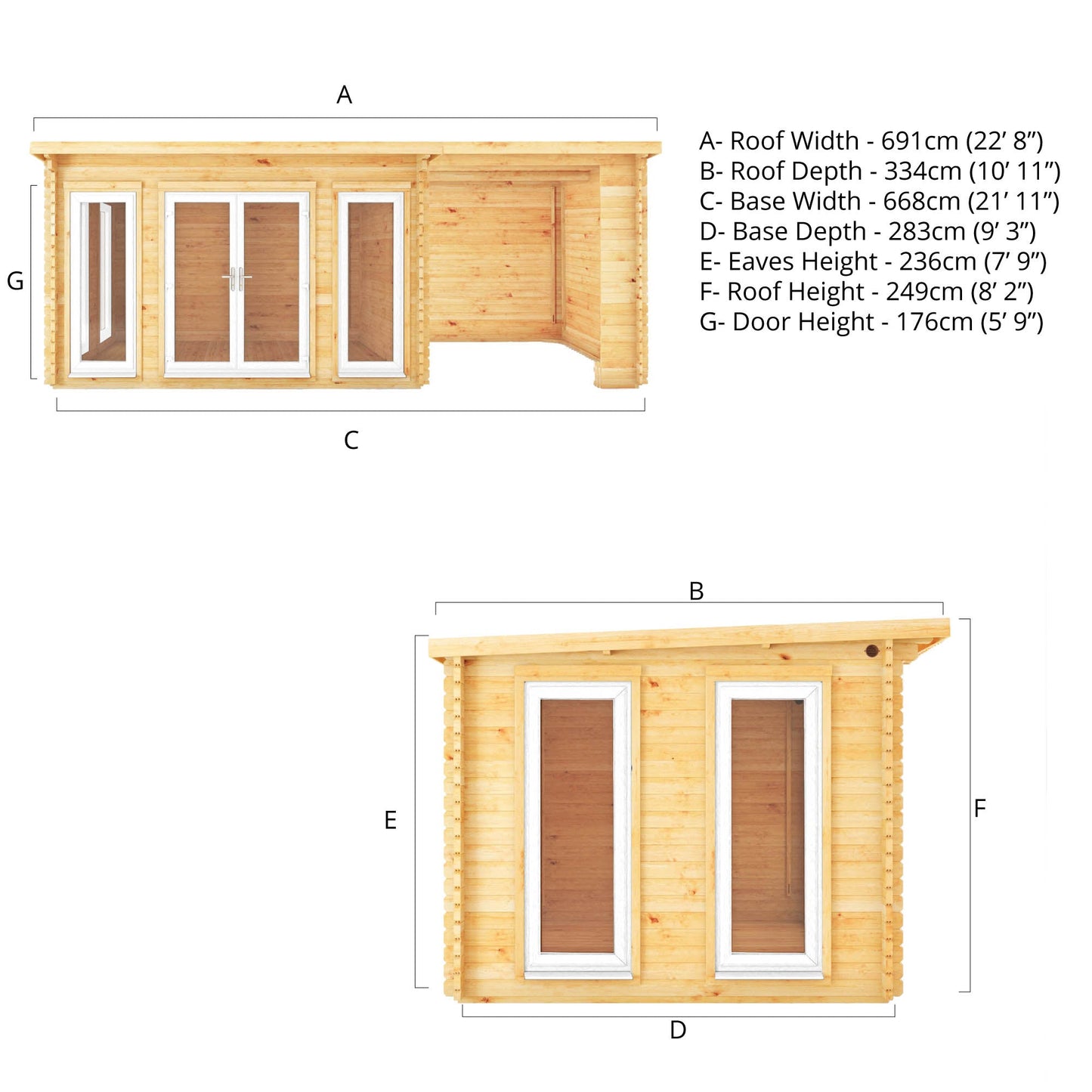 Mercia 7m x 3m Studio Pent Log Cabin With Patio Area - 44mm (UPVC Windows & Door) - White