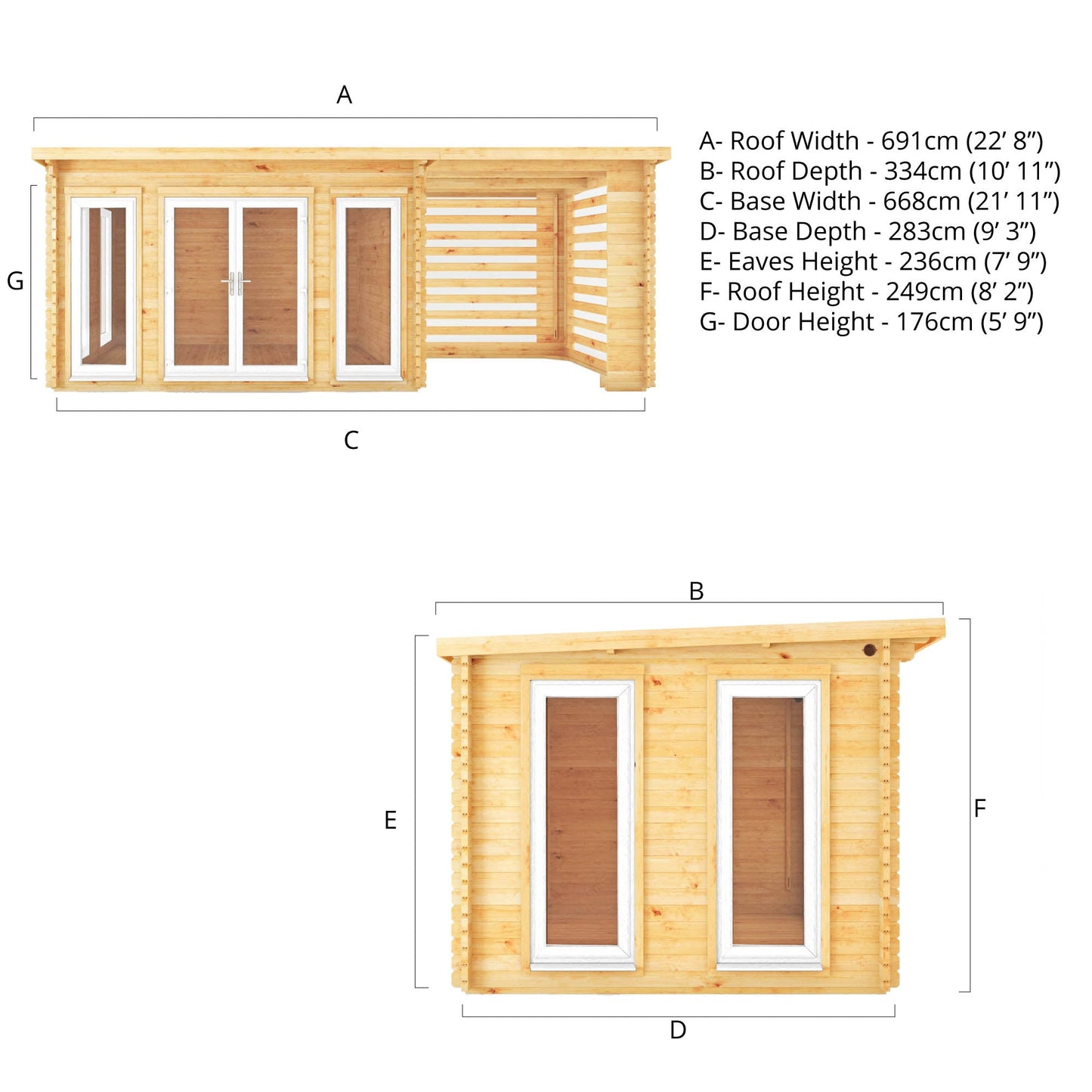 Mercia 7m x 3m Studio Pent Log Cabin With Slatted Area - 44mm (UPVC Windows & Door) - White
