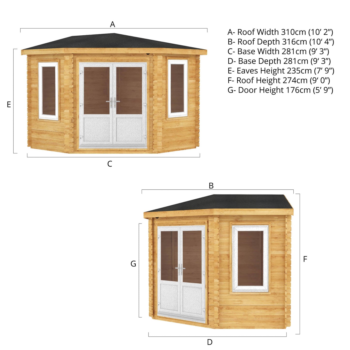 Mercia 3m x 3m Corner Cabin - 44mm (UPVC Windows & Door) - White