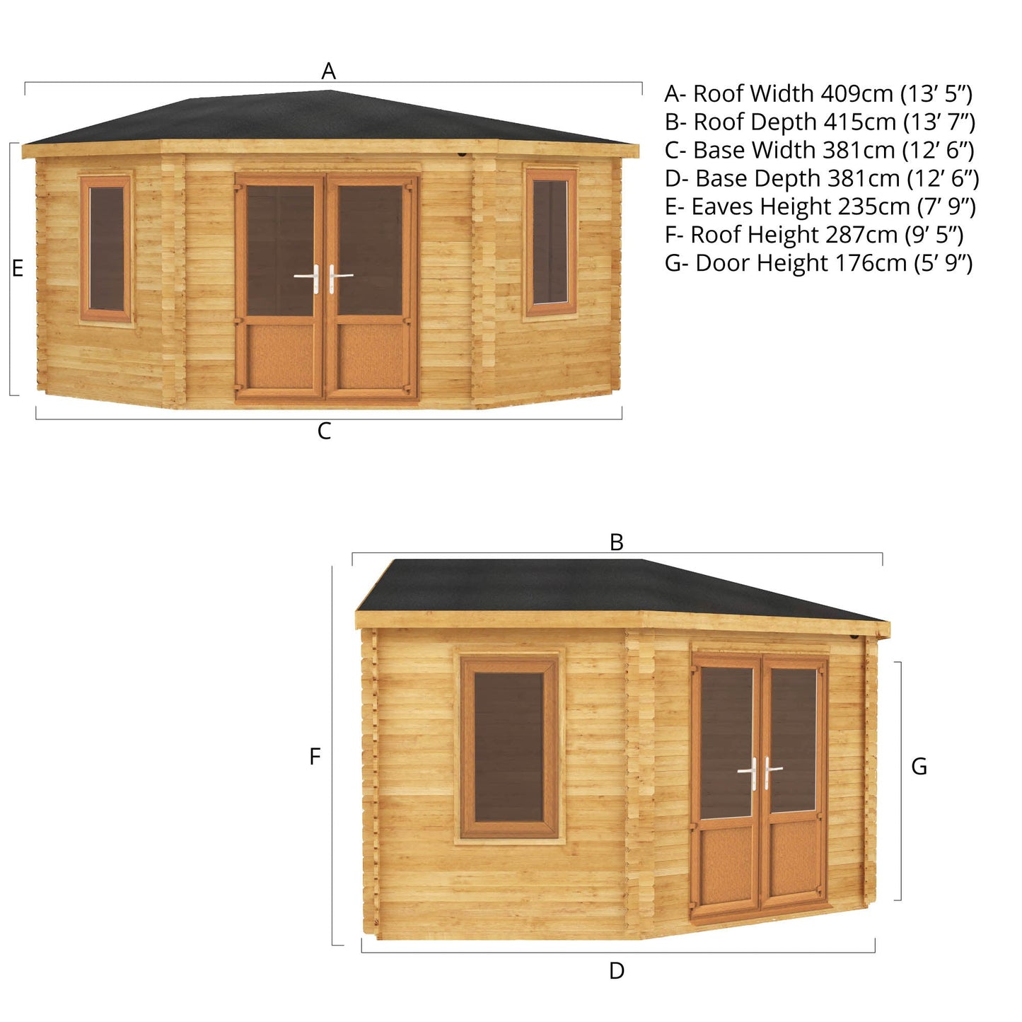 Mercia 4m x 4m Corner Cabin - 44mm (UPVC Windows & Door) - Oak