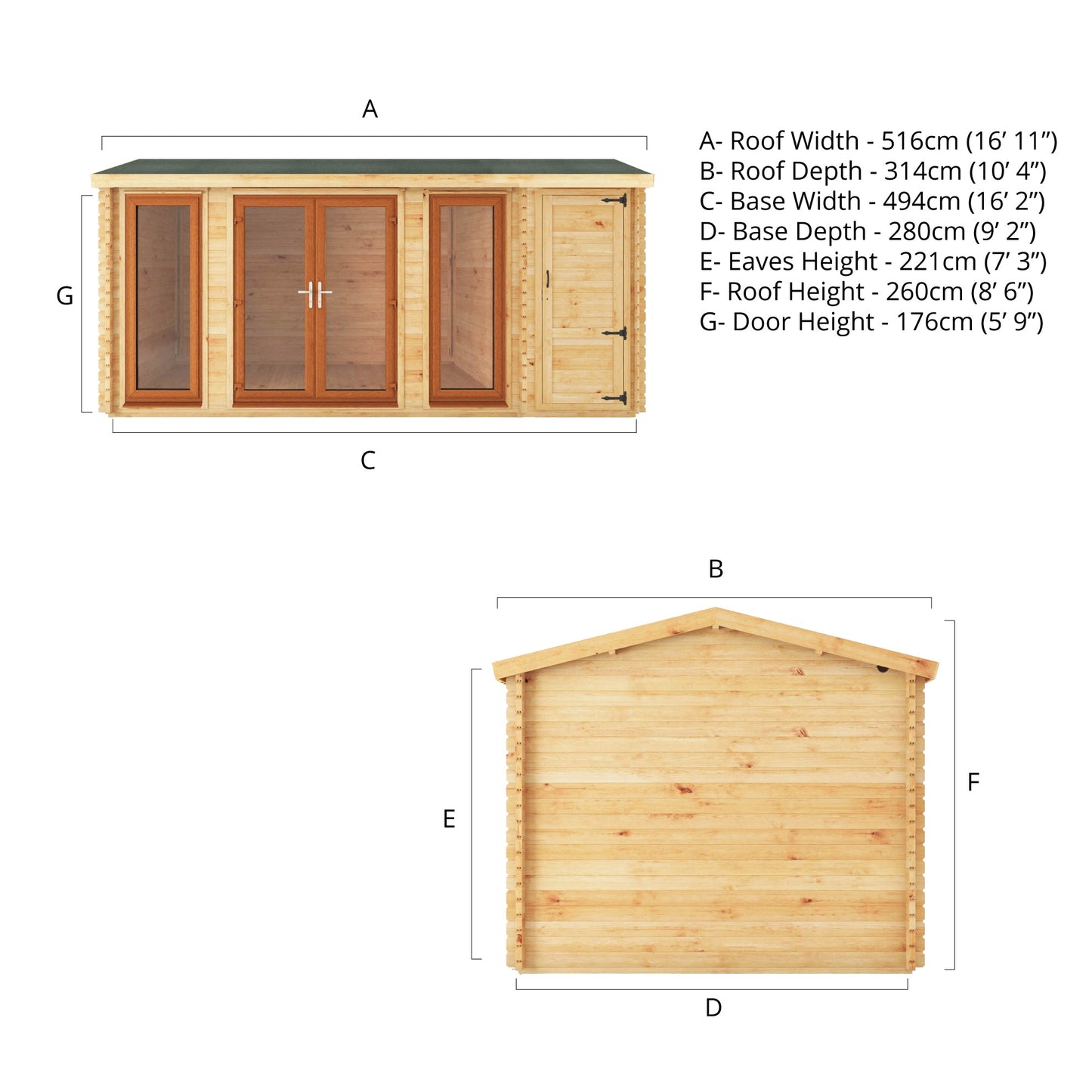 Mercia 5.1m x 3m Home Office Studio With Side Shed - 44mm (UPVC Windows & Door) - Oak