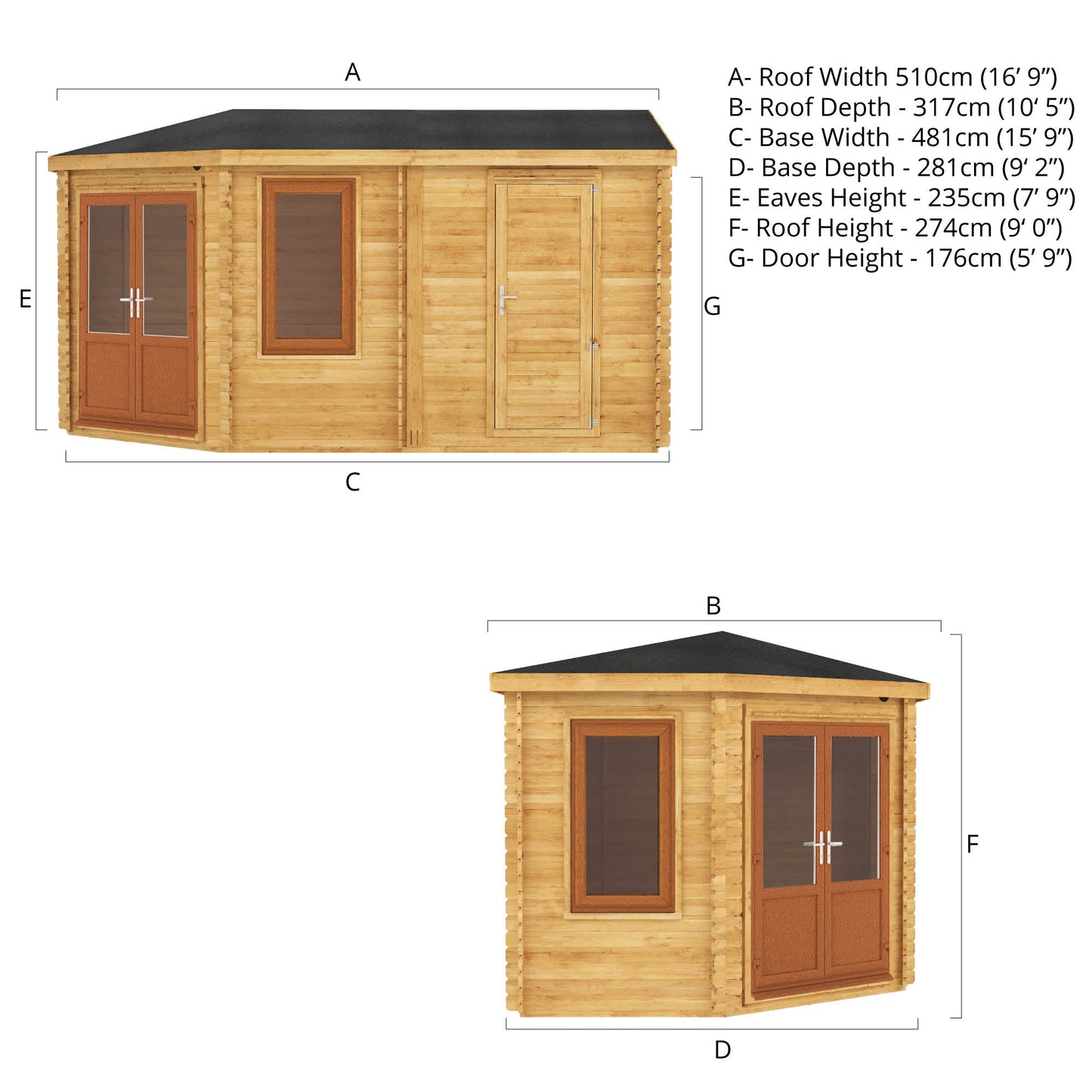 Mercia 5m x 3m Corner Lodge Log Cabin With Side Shed - 44mm (UPVC Windows & Door) - Oak