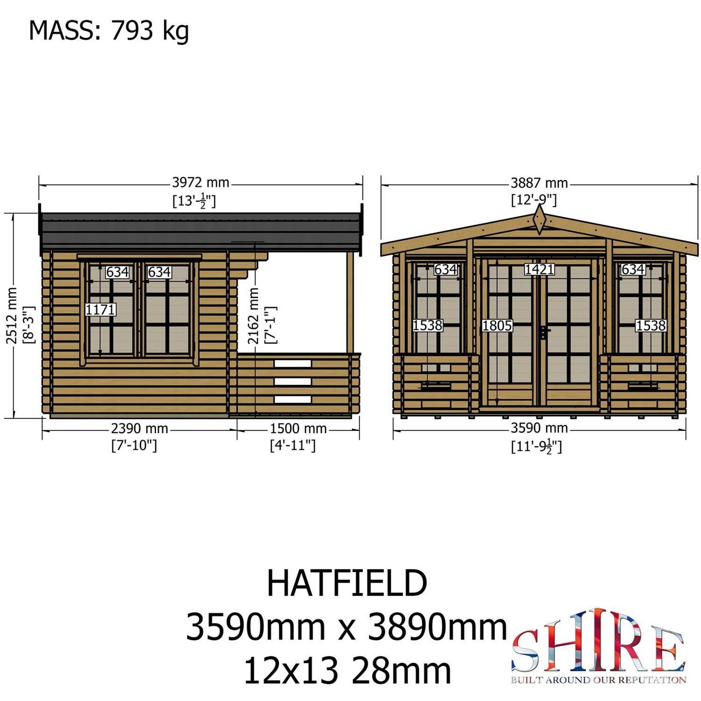 Shire Hatfield 12x13 Log Cabin (34mm - 70mm Logs)