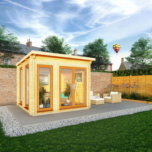 Mercia 3m x 3m Studio Pent Log Cabin - 44mm - (UPVC Windows & Doors) - Oak