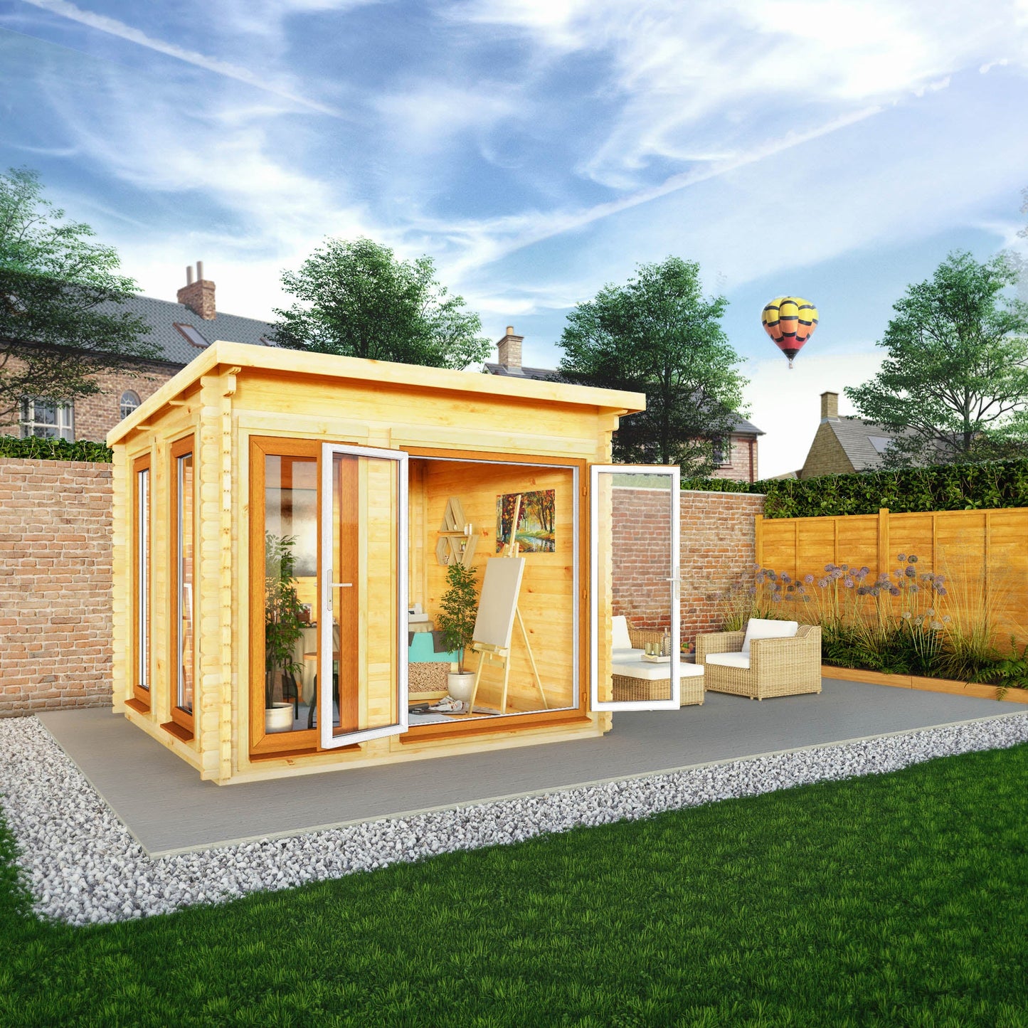 Mercia 3m x 3m Studio Pent Log Cabin - 44mm - (UPVC Windows & Doors) - Oak