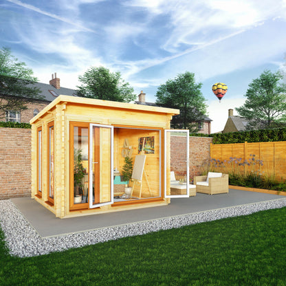 Mercia 3m x 3m Studio Pent Log Cabin - 44mm - (UPVC Windows & Doors) - Oak