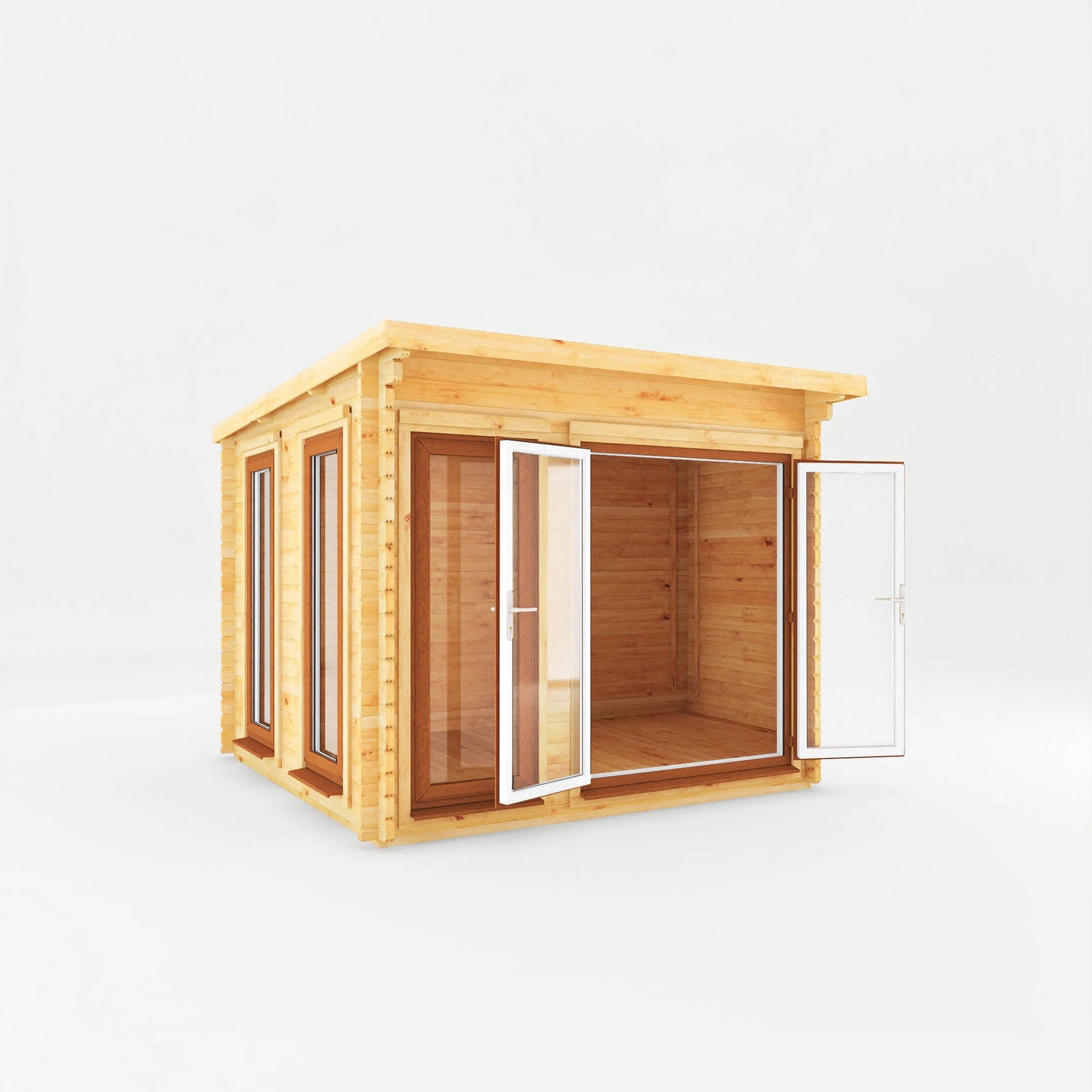 Mercia 3m x 3m Studio Pent Log Cabin - 44mm - (UPVC Windows & Doors) - Oak