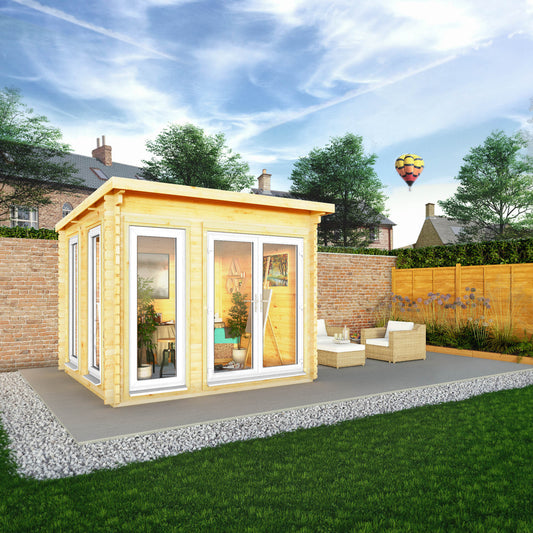Mercia 3m x 3m Studio Pent Log Cabin - 44mm - (UPVC Windows & Doors) - White