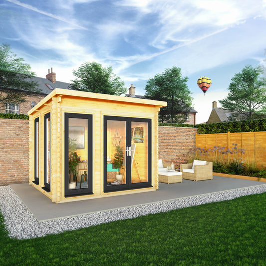 Mercia 3m x 3m Studio Pent Log Cabin - 44mm - (UPVC Windows & Doors) - Grey