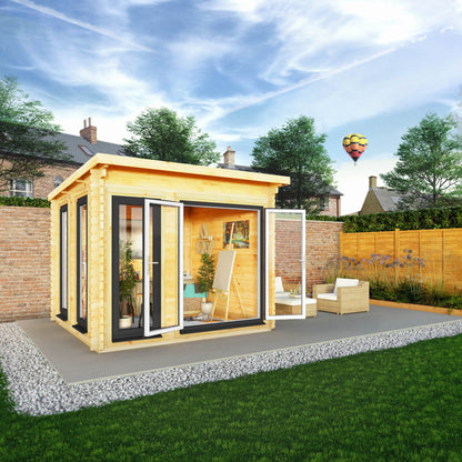 Mercia 3m x 3m Studio Pent Log Cabin - 44mm - (UPVC Windows & Doors) - Grey