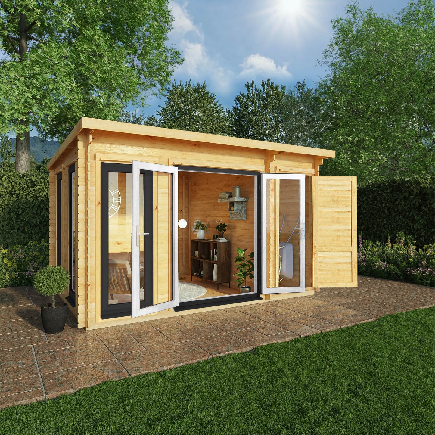 Mercia 4.1m x 3m Studio Pent Log Cabin With Side Shed - 44mm  (UPVC Windows & Door) - Grey