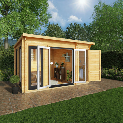 Mercia 4.1m x 3m Studio Pent Log Cabin With Side Shed - 44mm  (UPVC Windows & Door) - Grey