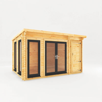Mercia 4.1m x 3m Studio Pent Log Cabin With Side Shed - 44mm  (UPVC Windows & Door) - Grey