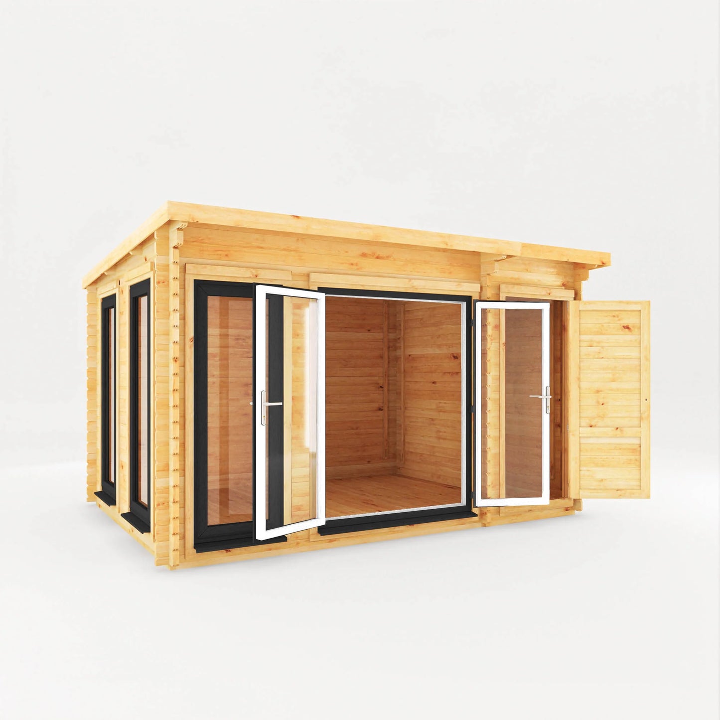 Mercia 4.1m x 3m Studio Pent Log Cabin With Side Shed - 44mm  (UPVC Windows & Door) - Grey