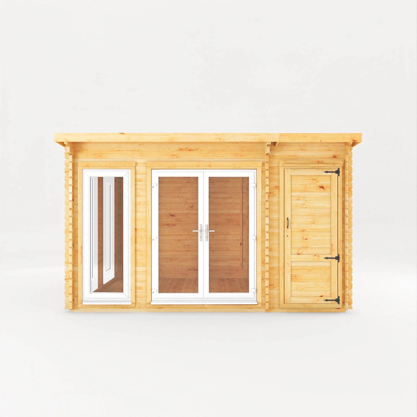 Mercia 4.1m x 3m Studio Pent Log Cabin With Side Shed - 44mm  (UPVC Windows & Door) - White