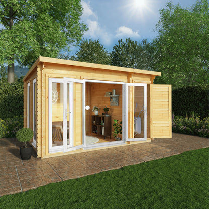 Mercia 4.1m x 3m Studio Pent Log Cabin With Side Shed - 44mm  (UPVC Windows & Door) - White
