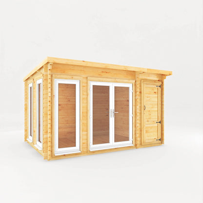 Mercia 4.1m x 3m Studio Pent Log Cabin With Side Shed - 44mm  (UPVC Windows & Door) - White