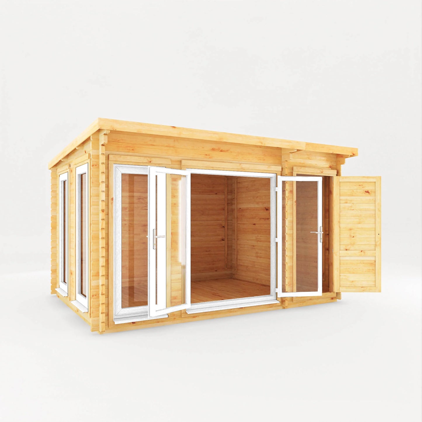Mercia 4.1m x 3m Studio Pent Log Cabin With Side Shed - 44mm  (UPVC Windows & Door) - White