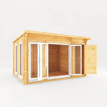 Mercia 4.1m x 3m Studio Pent Log Cabin With Side Shed - 44mm  (UPVC Windows & Door) - White