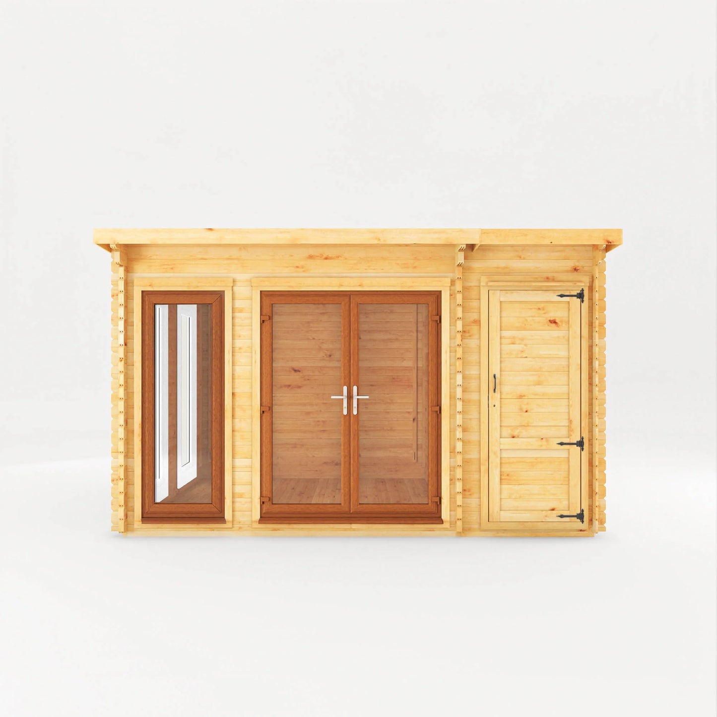 Mercia 4.1m x 3m Studio Pent Log Cabin With Side Shed - 44mm  (UPVC Windows & Door) - Oak