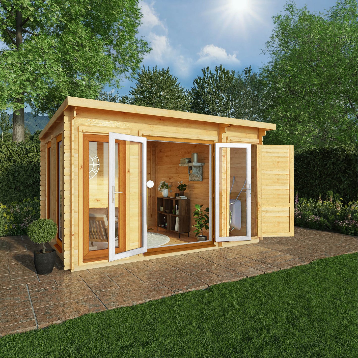 Mercia 4.1m x 3m Studio Pent Log Cabin With Side Shed - 44mm  (UPVC Windows & Door) - Oak