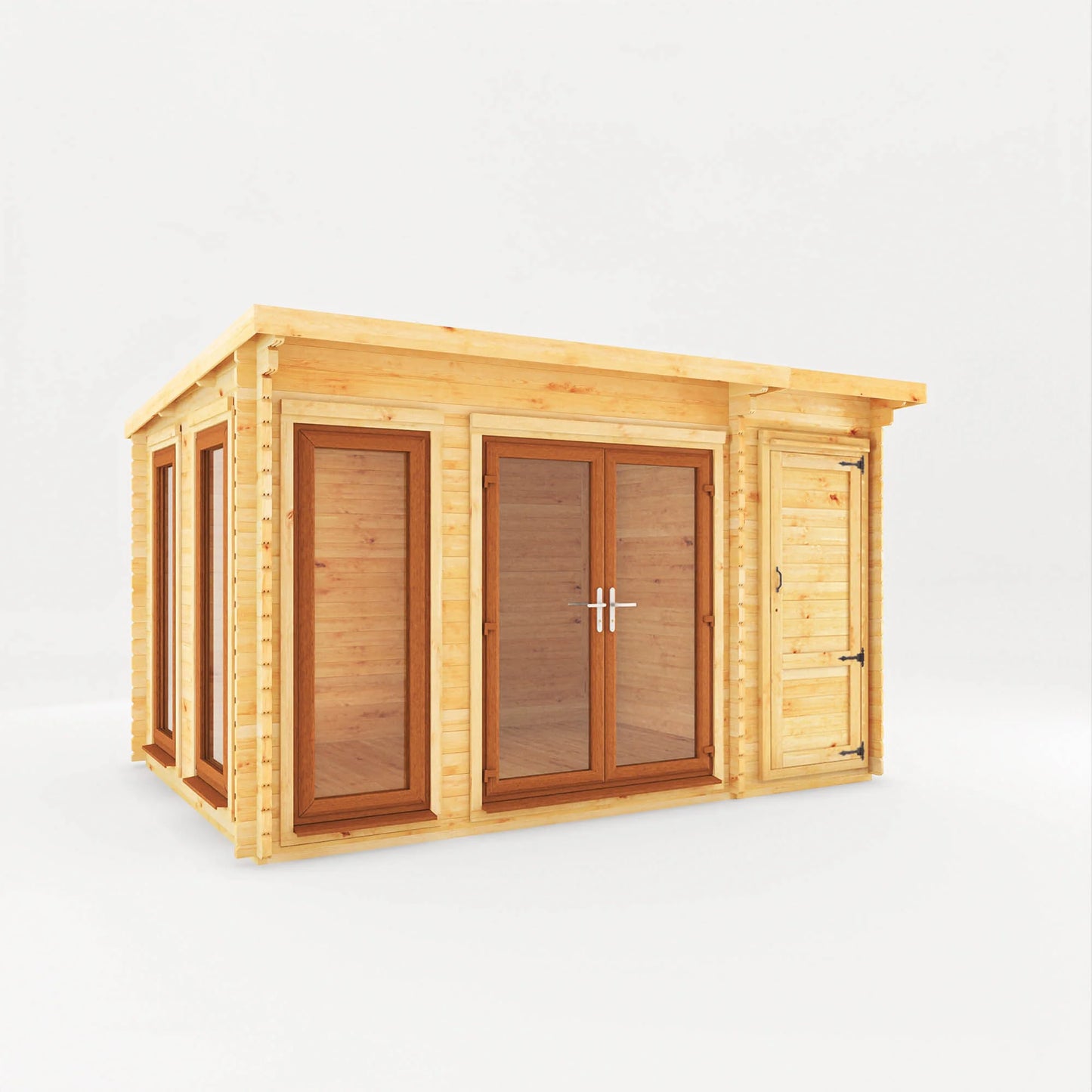 Mercia 4.1m x 3m Studio Pent Log Cabin With Side Shed - 44mm  (UPVC Windows & Door) - Oak