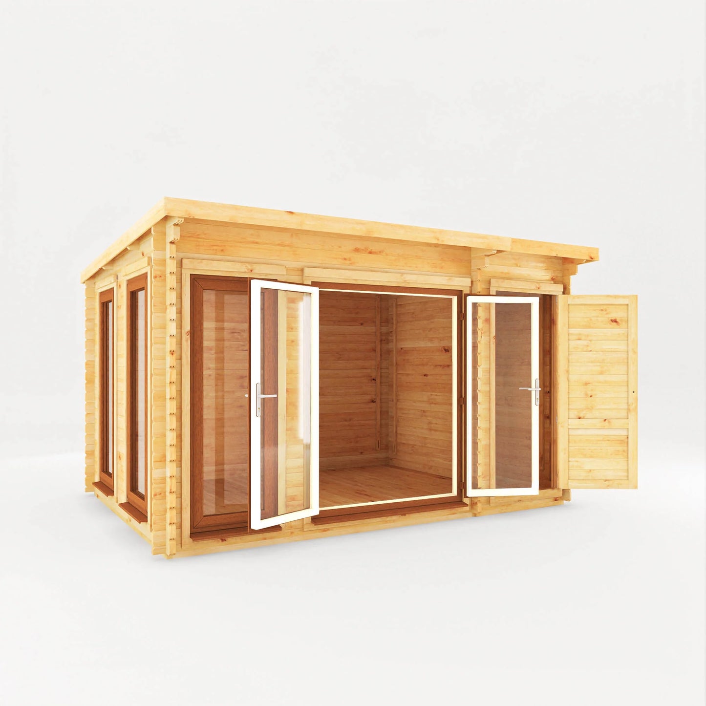 Mercia 4.1m x 3m Studio Pent Log Cabin With Side Shed - 44mm  (UPVC Windows & Door) - Oak