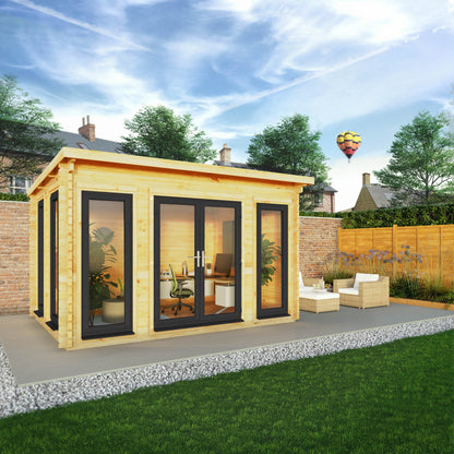 Mercia 4m x 3m Studio Pent Log Cabin - 44mm (UPVC Windows & Door) - Grey