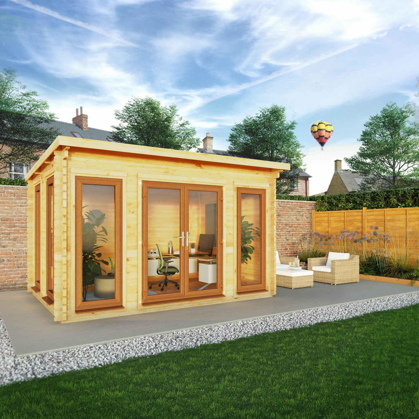 Mercia 4m x 3m Studio Pent Log Cabin - 44mm (UPVC Windows & Door) - Oak