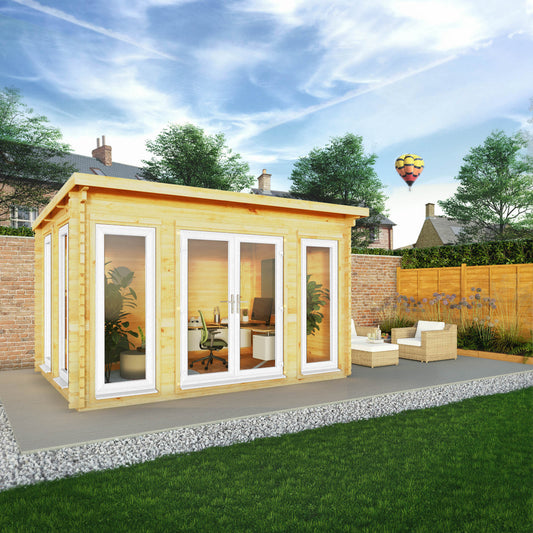 Mercia 4m x 3m Studio Pent Log Cabin - 44mm (UPVC Windows & Door) - White