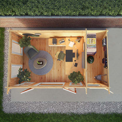 Mercia 5.1m x 3m Studio Pent Log Cabin With Side Shed - 44mm  (UPVC Windows & Door) - Oak