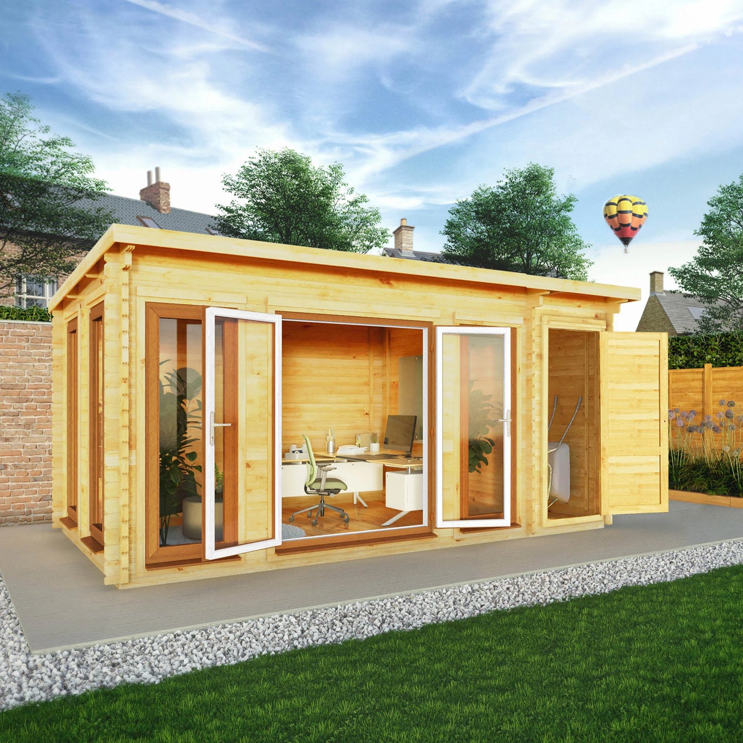 Mercia 5.1m x 3m Studio Pent Log Cabin With Side Shed - 44mm  (UPVC Windows & Door) - Oak