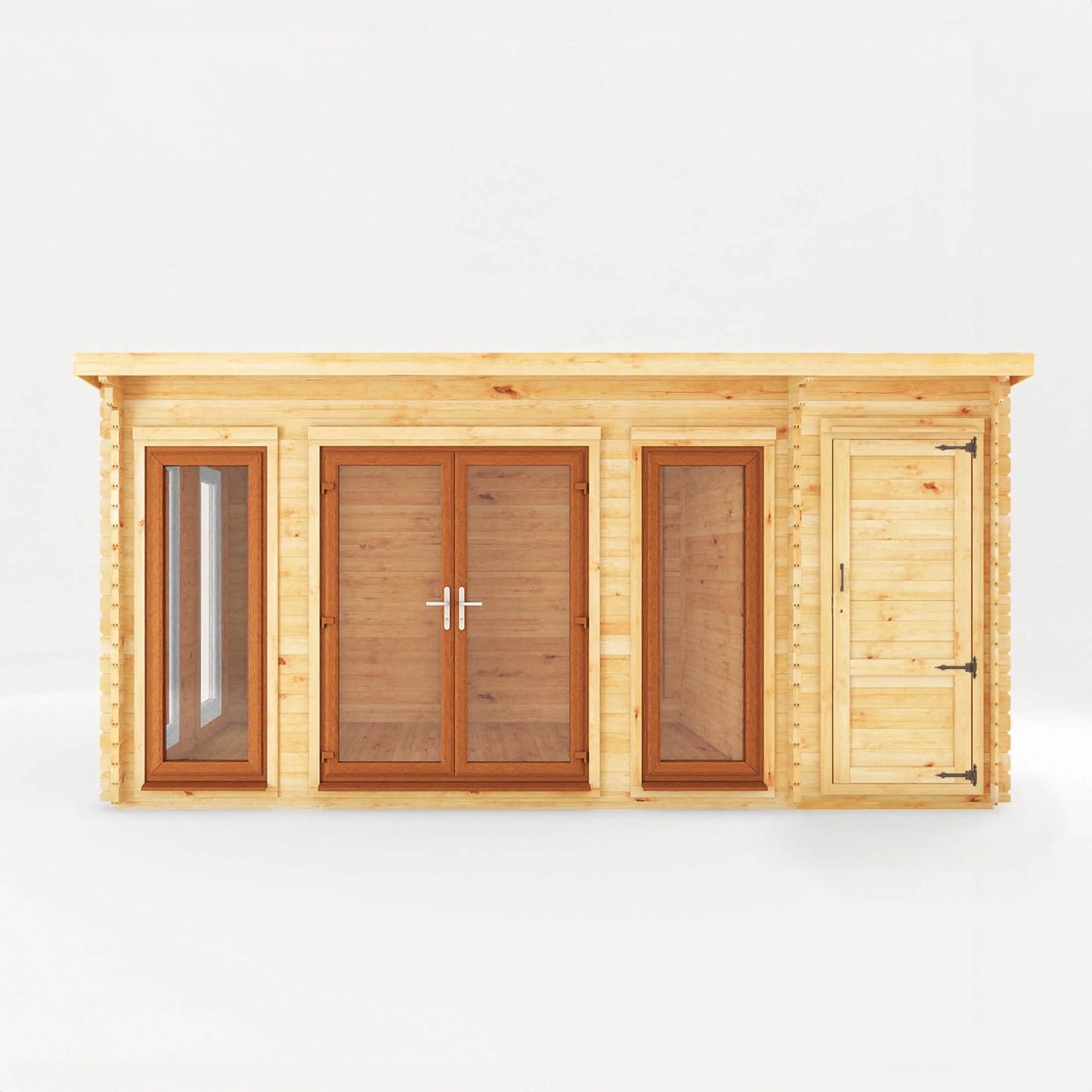 Mercia 5.1m x 3m Studio Pent Log Cabin With Side Shed - 44mm  (UPVC Windows & Door) - Oak