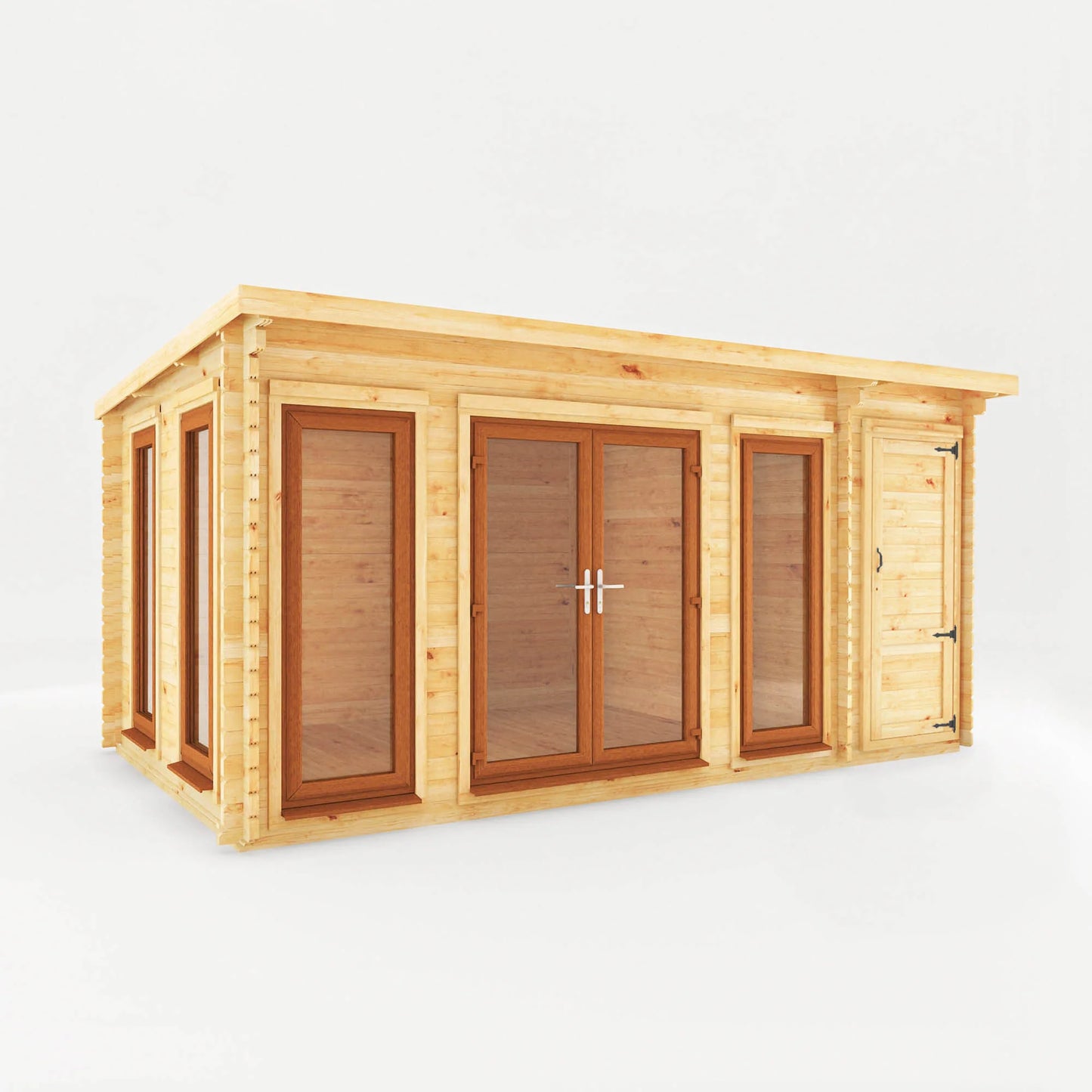 Mercia 5.1m x 3m Studio Pent Log Cabin With Side Shed - 44mm  (UPVC Windows & Door) - Oak