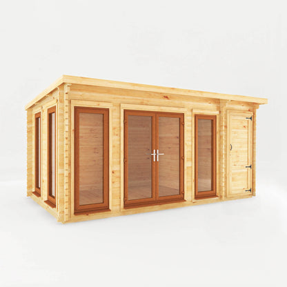 Mercia 5.1m x 3m Studio Pent Log Cabin With Side Shed - 44mm  (UPVC Windows & Door) - Oak