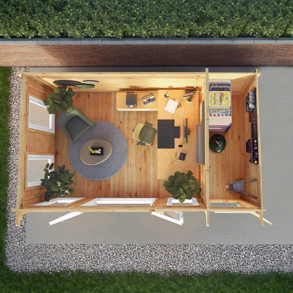 Mercia 5.1m x 3m Studio Pent Log Cabin With Side Shed - 44mm  (UPVC Windows & Door) - White