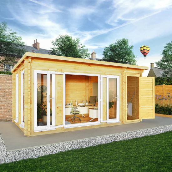 Mercia 5.1m x 3m Studio Pent Log Cabin With Side Shed - 44mm  (UPVC Windows & Door) - White