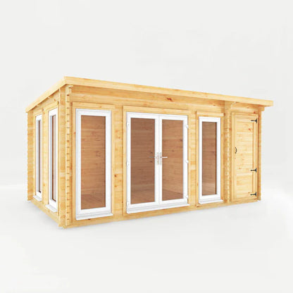 Mercia 5.1m x 3m Studio Pent Log Cabin With Side Shed - 44mm  (UPVC Windows & Door) - White