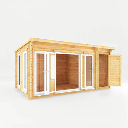 Mercia 5.1m x 3m Studio Pent Log Cabin With Side Shed - 44mm  (UPVC Windows & Door) - White