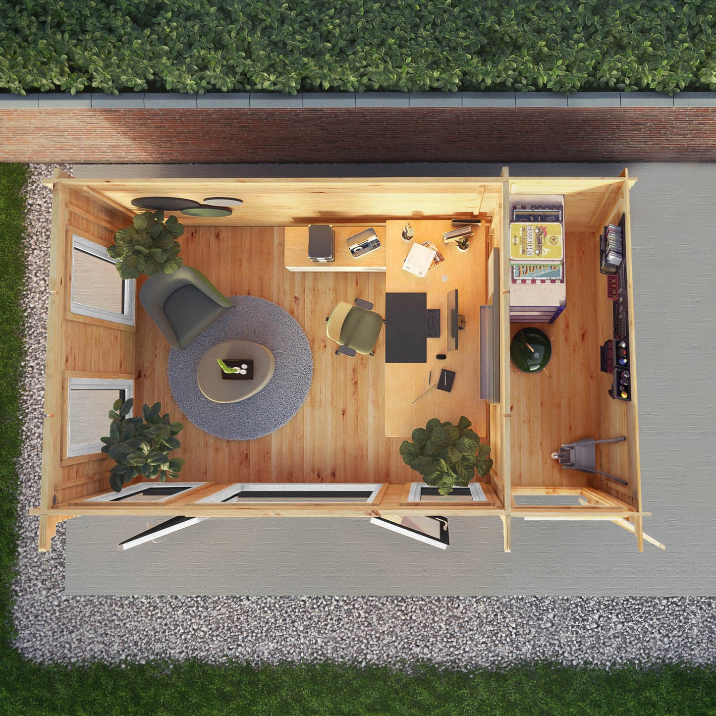 Mercia 5.1m x 3m Studio Pent Log Cabin With Side Shed - 44mm  (UPVC Windows & Door) - Grey