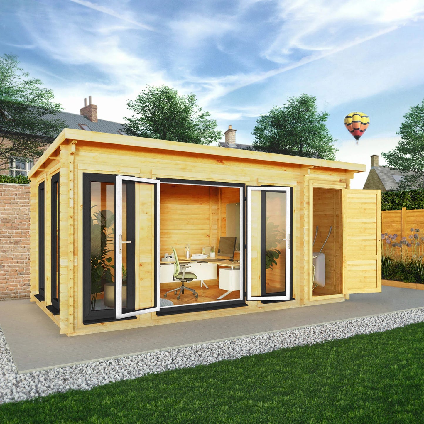 Mercia 5.1m x 3m Studio Pent Log Cabin With Side Shed - 44mm  (UPVC Windows & Door) - Grey