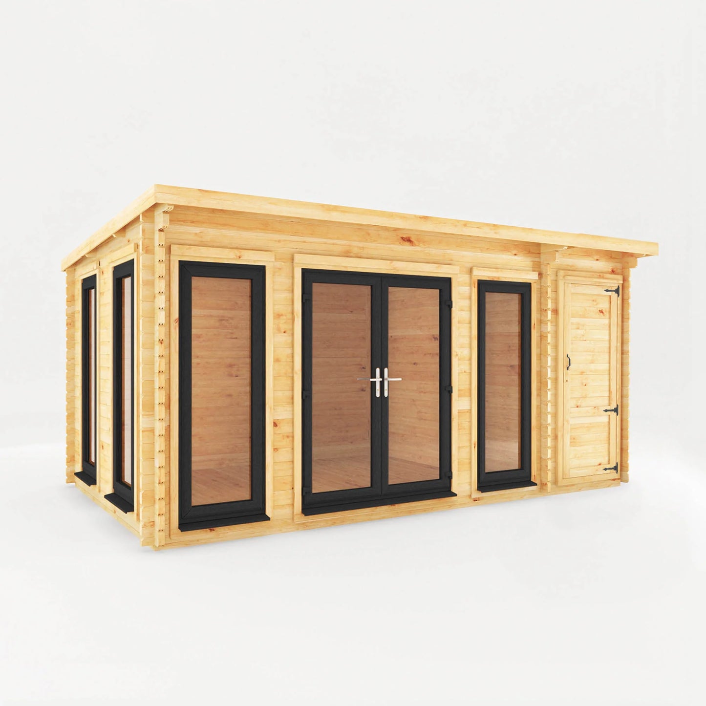 Mercia 5.1m x 3m Studio Pent Log Cabin With Side Shed - 44mm  (UPVC Windows & Door) - Grey