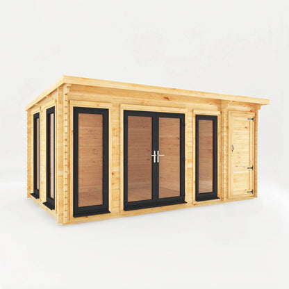 Mercia 5.1m x 3m Studio Pent Log Cabin With Side Shed - 44mm  (UPVC Windows & Door) - Grey