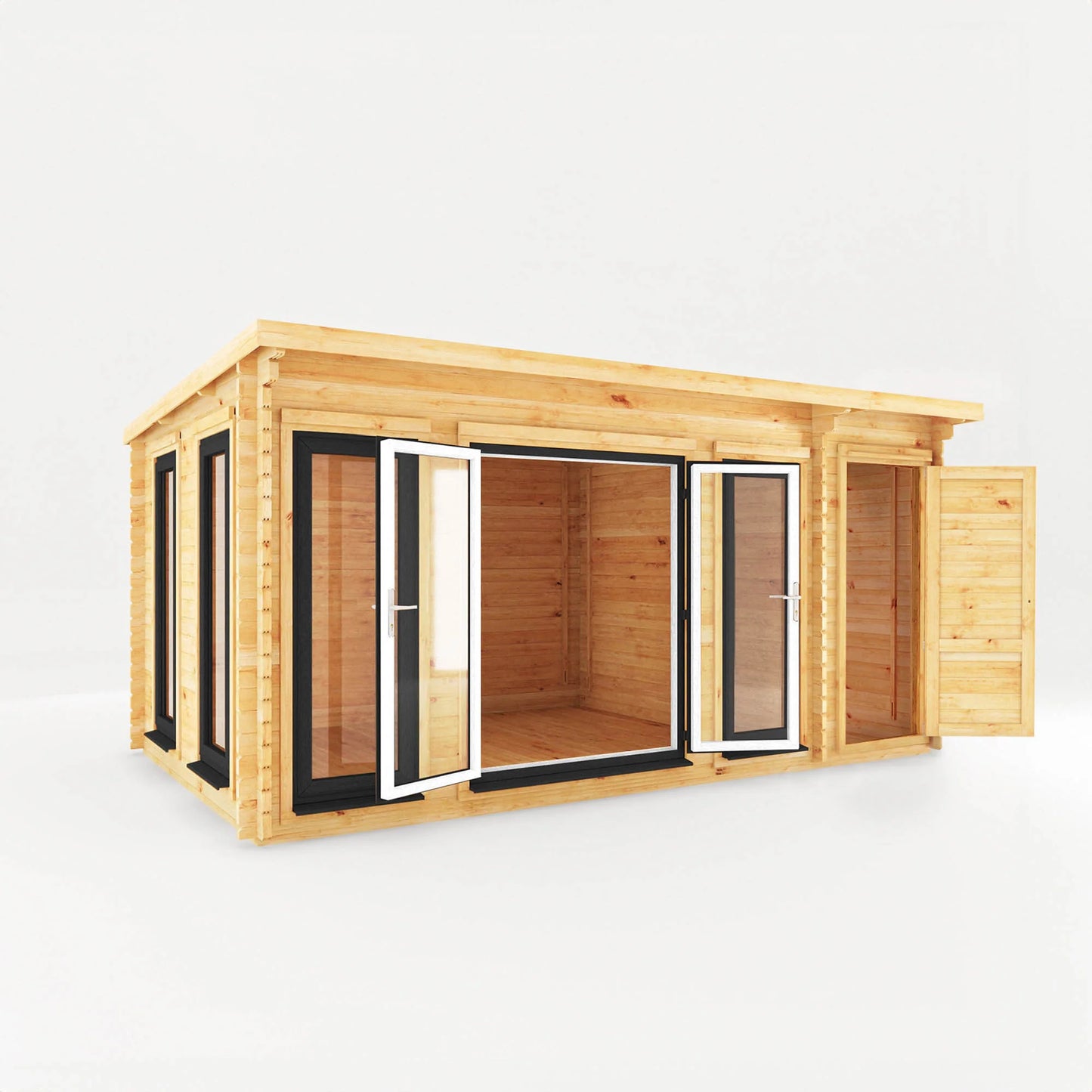 Mercia 5.1m x 3m Studio Pent Log Cabin With Side Shed - 44mm  (UPVC Windows & Door) - Grey